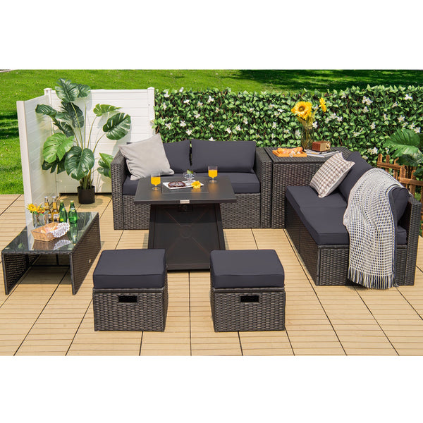 9-Piece Weatherproof Rattan Patio Conversation Set with 30-In. Propane Fire Pit Table and Dust Covers