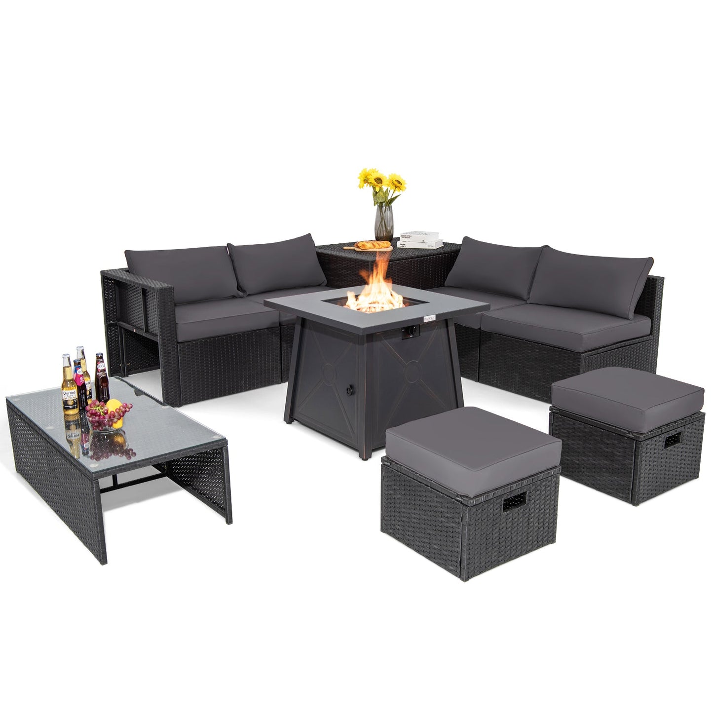 9-Piece Weatherproof Rattan Patio Conversation Set with 30-In. Propane Fire Pit Table and Dust Covers