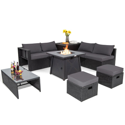 9-Piece Weatherproof Rattan Patio Conversation Set with 30-In. Propane Fire Pit Table and Dust Covers