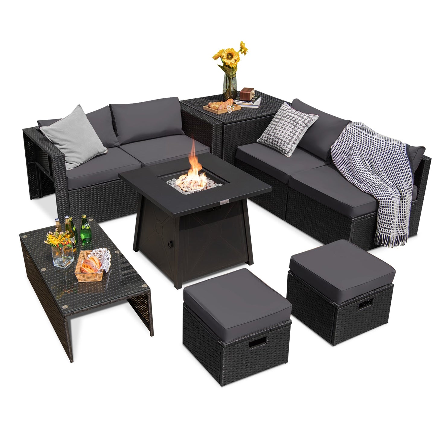 9-Piece Weatherproof Rattan Patio Conversation Set with 30-In. Propane Fire Pit Table and Dust Covers