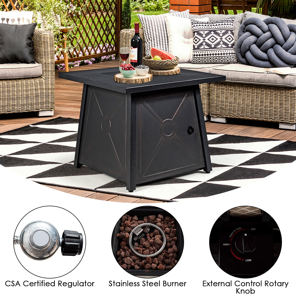9-Piece Weatherproof Rattan Patio Conversation Set with 30-In. Propane Fire Pit Table and Dust Covers