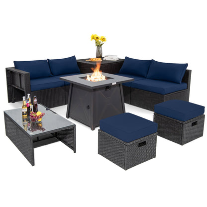 9-Piece Weatherproof Rattan Patio Conversation Set with 30-In. Propane Fire Pit Table and Dust Covers