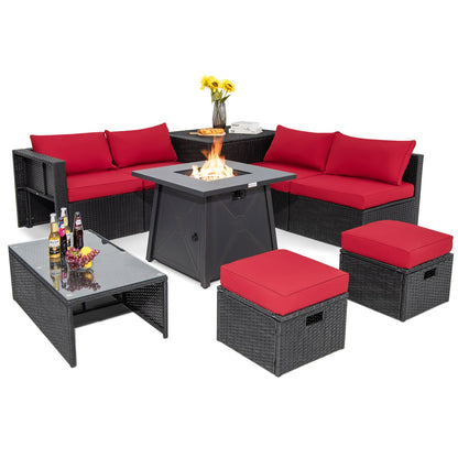 9-Piece Weatherproof Rattan Patio Conversation Set with 30-In. Propane Fire Pit Table and Dust Covers