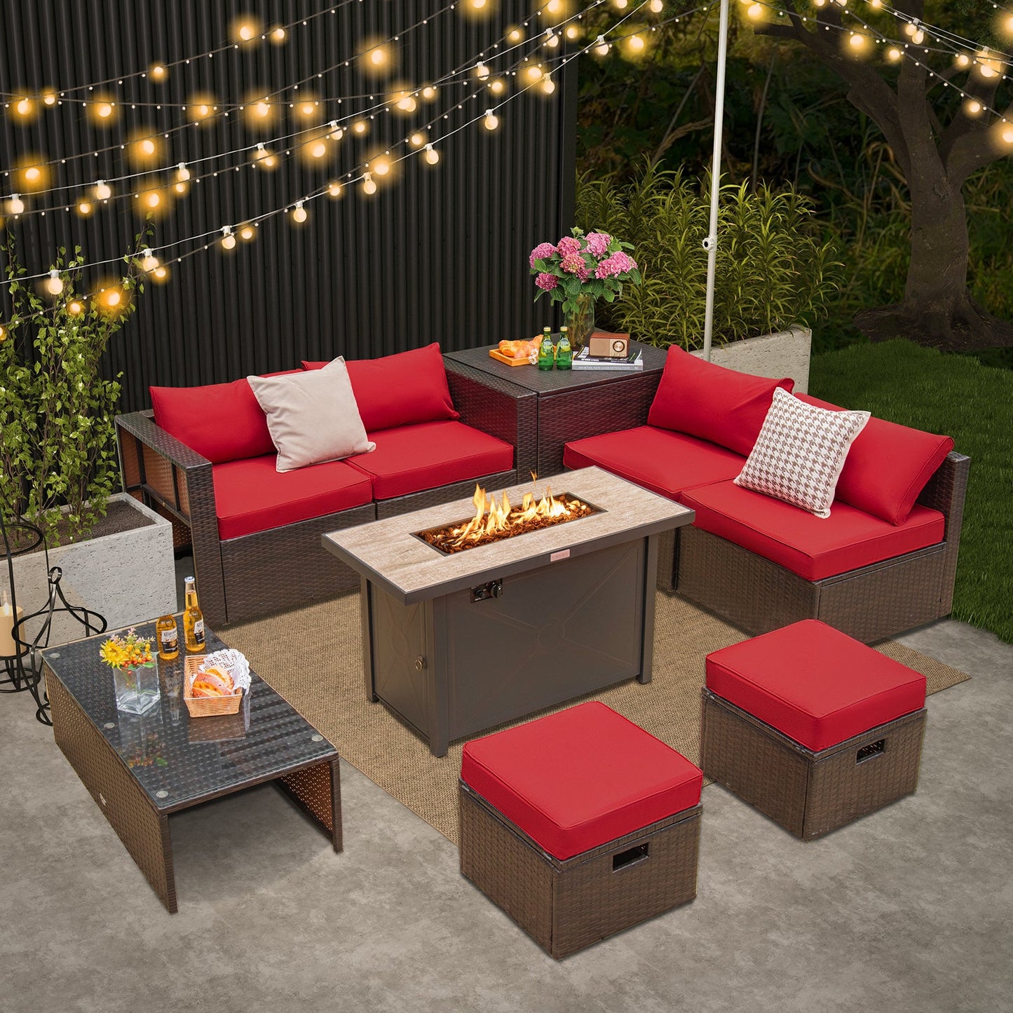 9-Piece Outdoor Patio Furniture Set with 42-Inch Propane Fire Pit Table