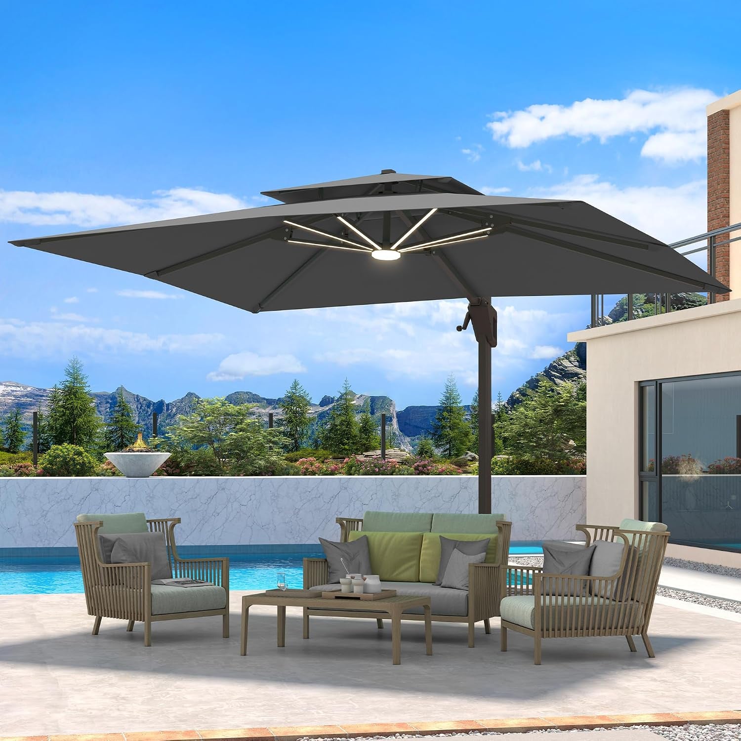 10 X 13 FT Cantilever Patio Umbrella with LED Lights Outdoor Heavy Duty Double Top Windproof Rectangle Offset Umbrellas with 360-Degree Rotation for Pool Deck Backyard, Grey