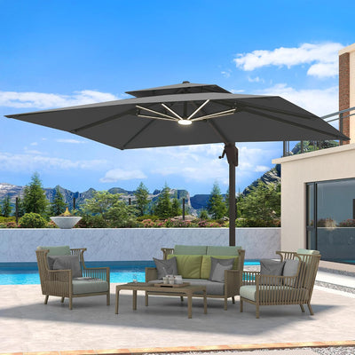 10' x 13' Cantilever Patio Umbrella with LED Lights Outdoor Heavy Duty Double Top Windproof Rectangle Offset Umbrellas with 360-Degree Rotation for Pool Deck Backyard, Grey