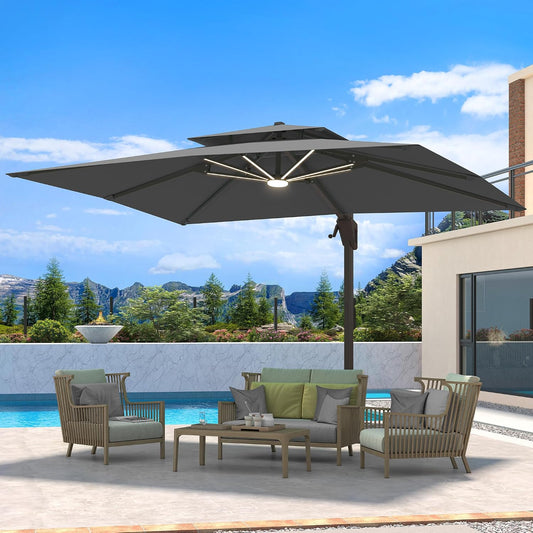 10 X 13 FT Cantilever Patio Umbrella with LED Lights Outdoor Heavy Duty Double Top Windproof Rectangle Offset Umbrellas with 360-Degree Rotation for Pool Deck Backyard, Grey