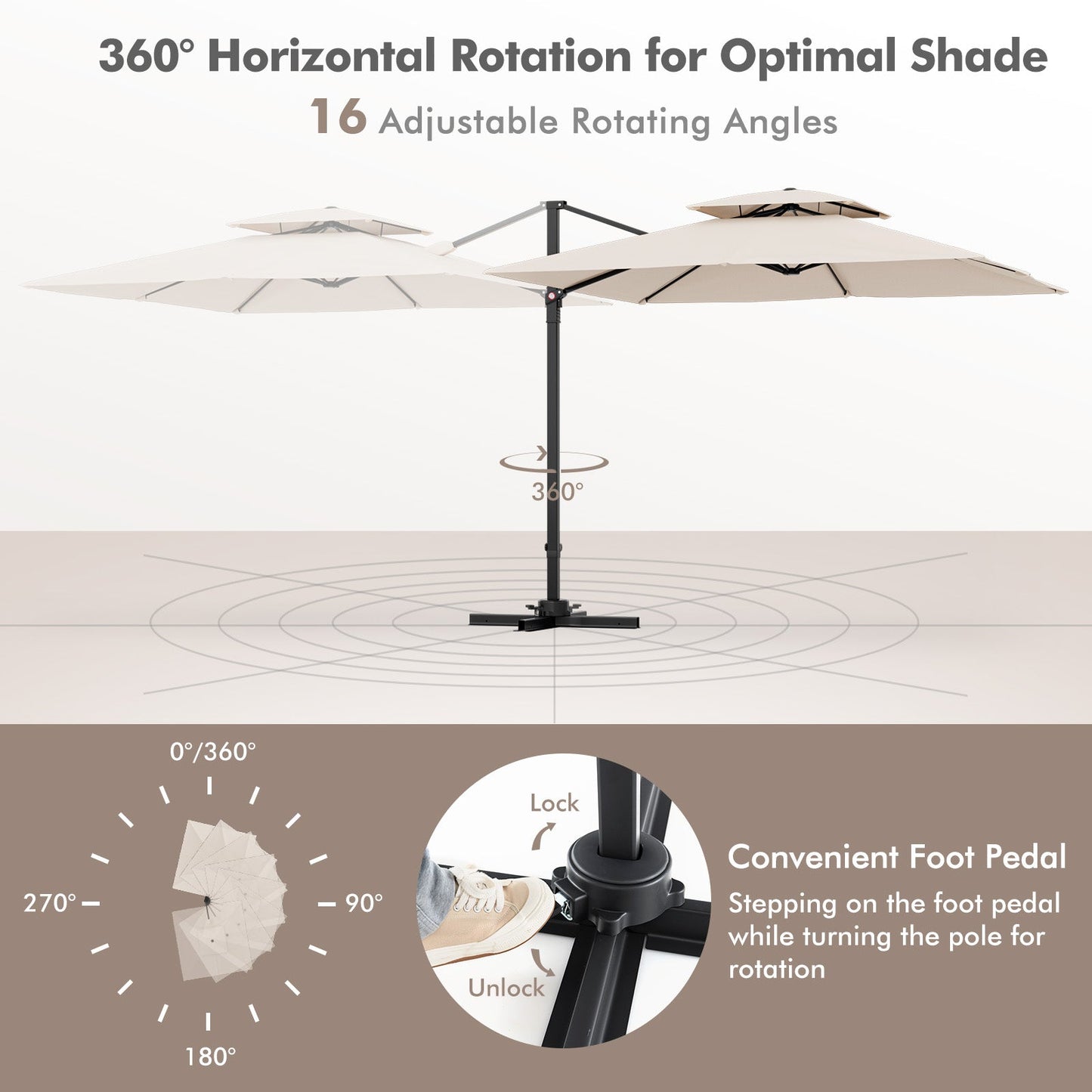 9.5' Cantilever Patio Umbrella with 360° Rotation and Double Top