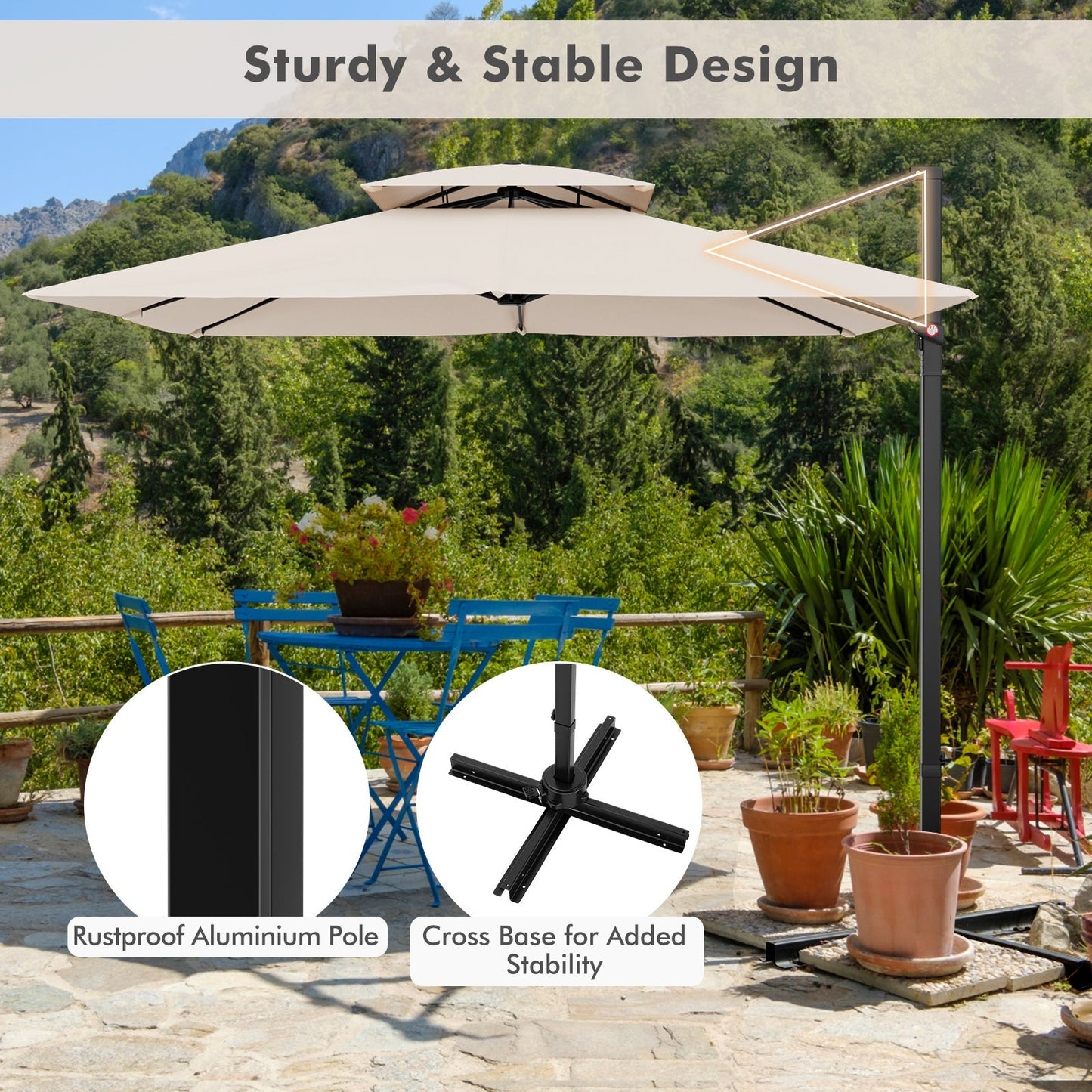 9.5' Cantilever Patio Umbrella with 360° Rotation and Double Top