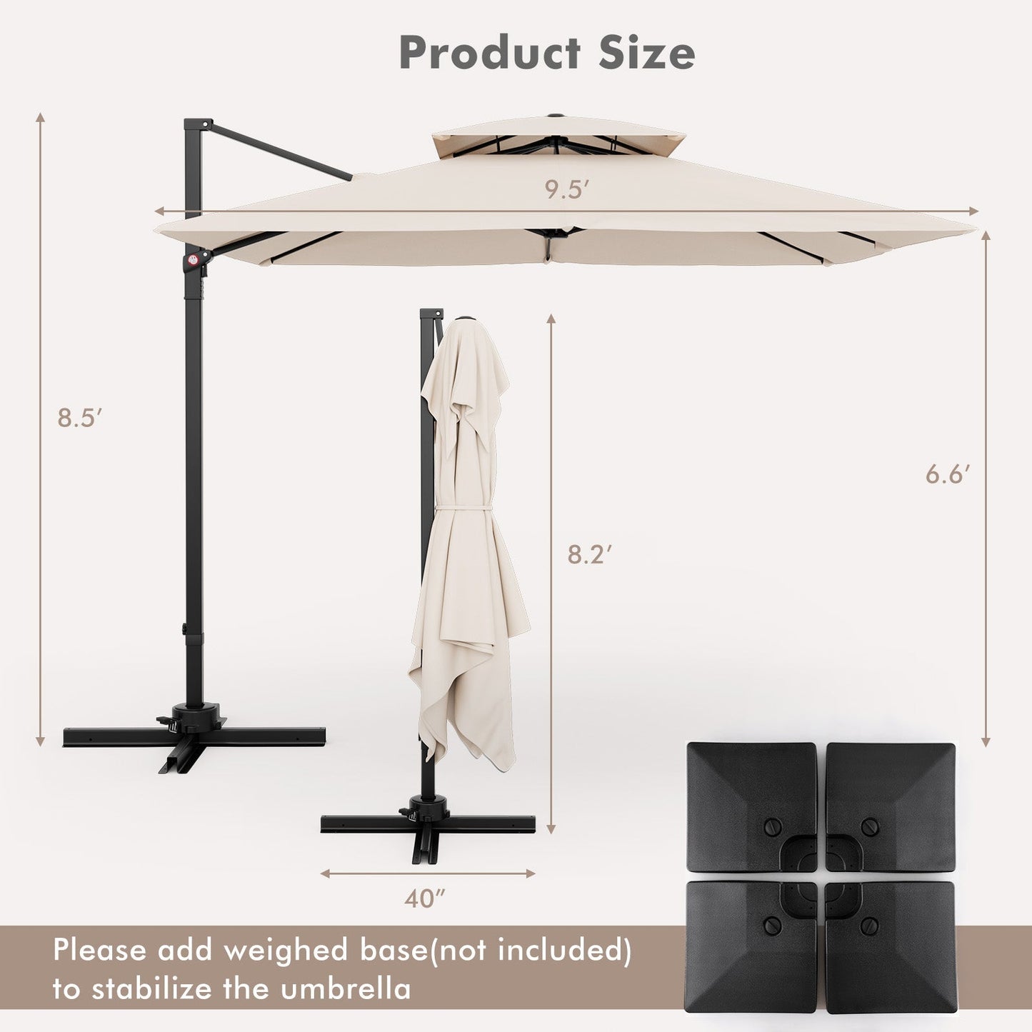 9.5' Cantilever Patio Umbrella with 360° Rotation and Double Top