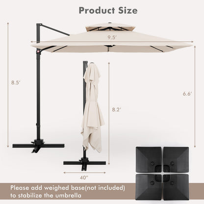 9.5' Cantilever Patio Umbrella with 360° Rotation and Double Top