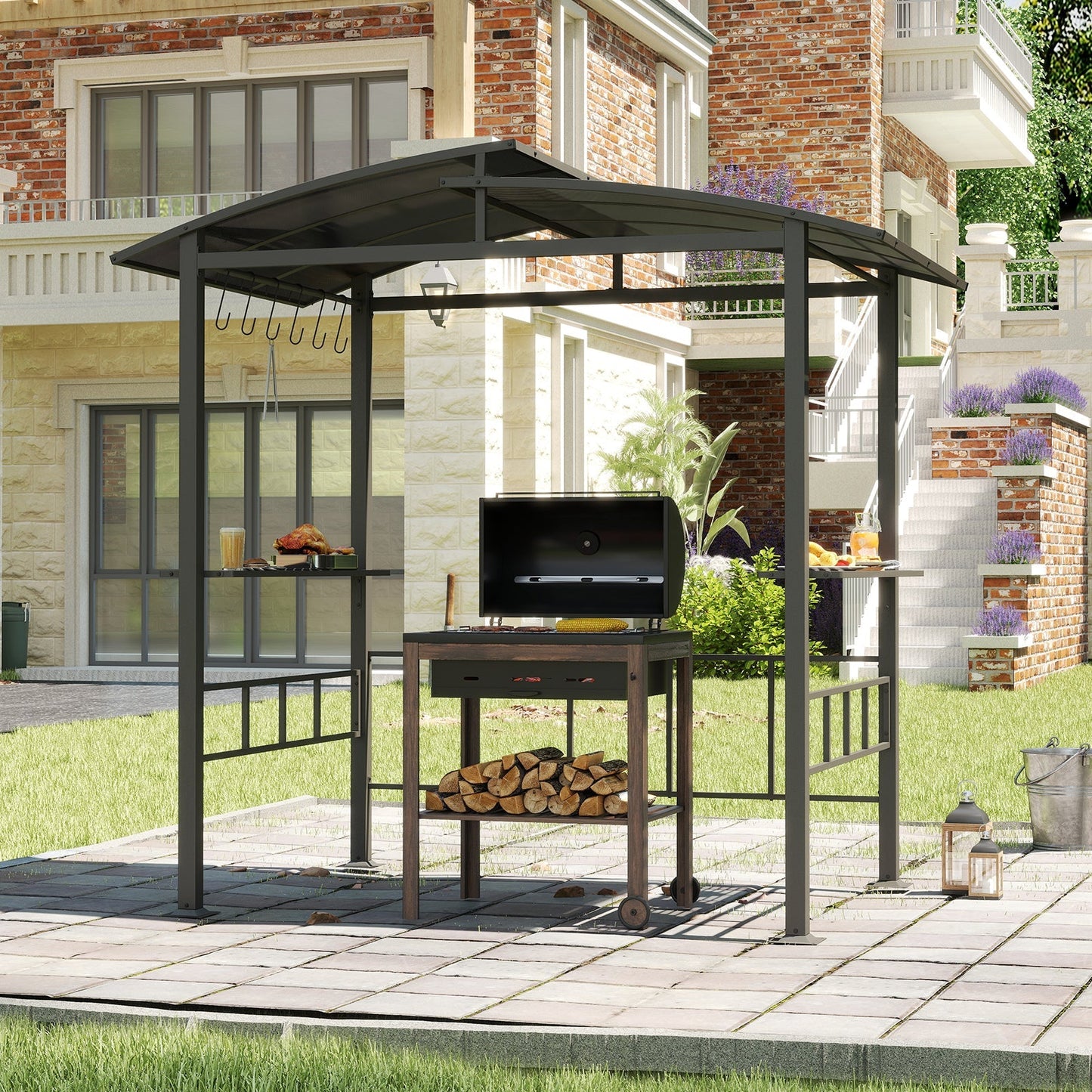 Hardtop Grill Gazebo with Vented Polycarbonate Roof and Side Shelves, Black