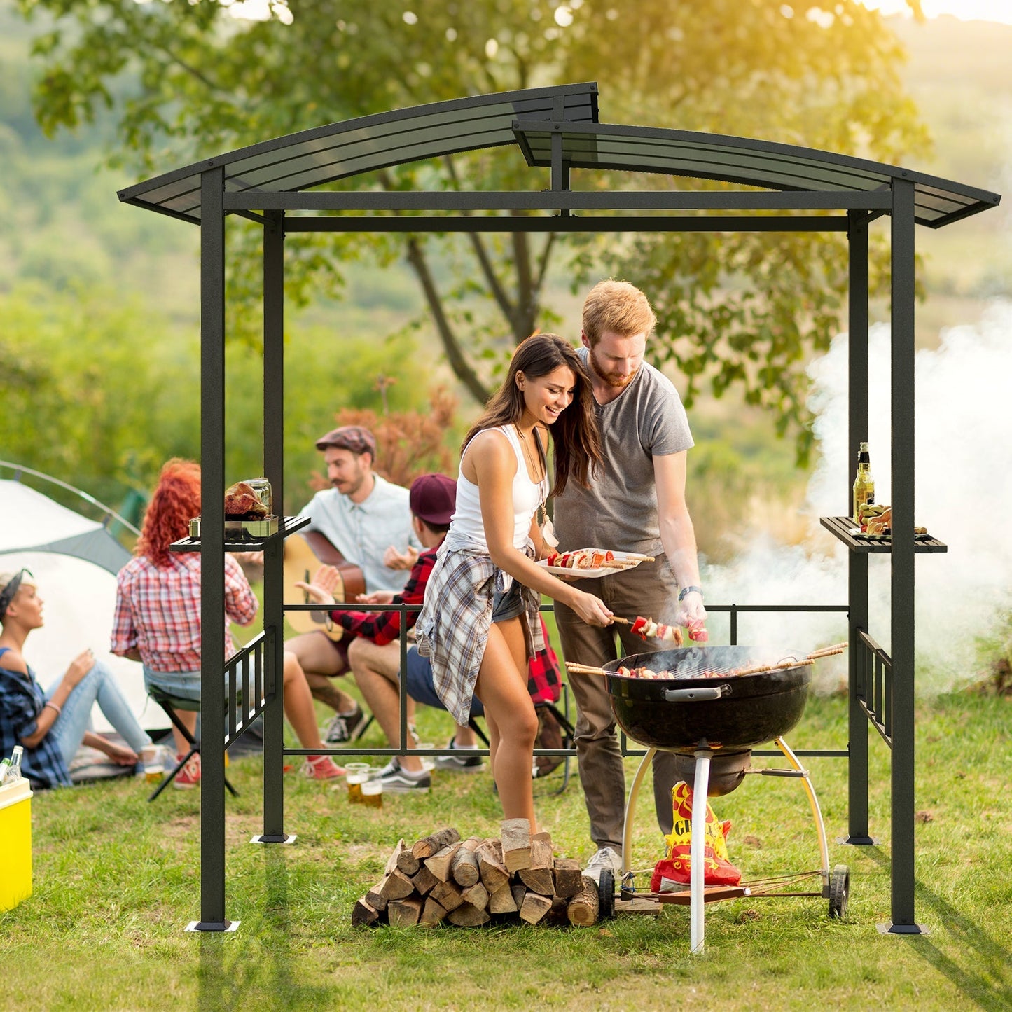 Hardtop Grill Gazebo with Vented Polycarbonate Roof and Side Shelves, Black