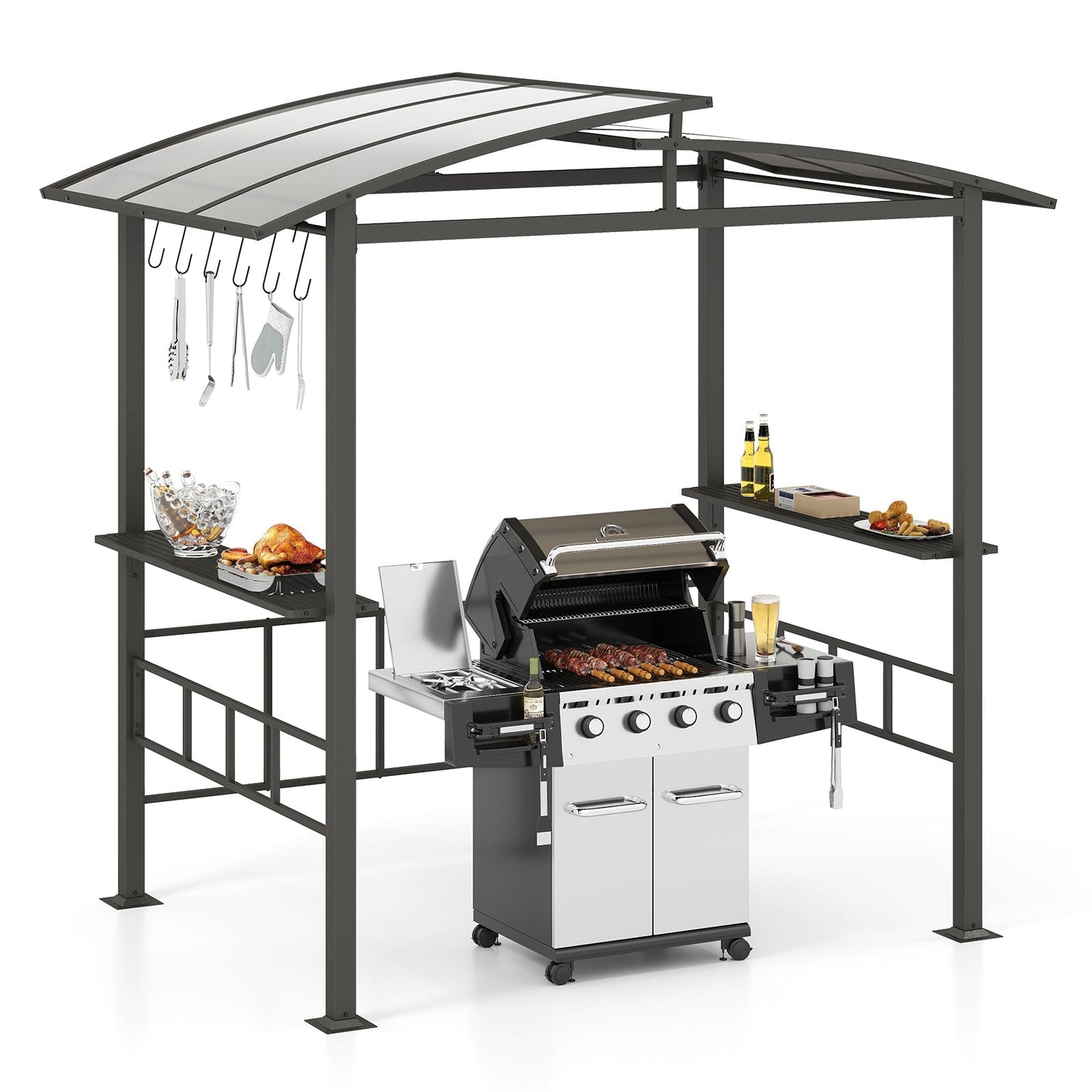 Hardtop Grill Gazebo with Vented Polycarbonate Roof and Side Shelves, Black