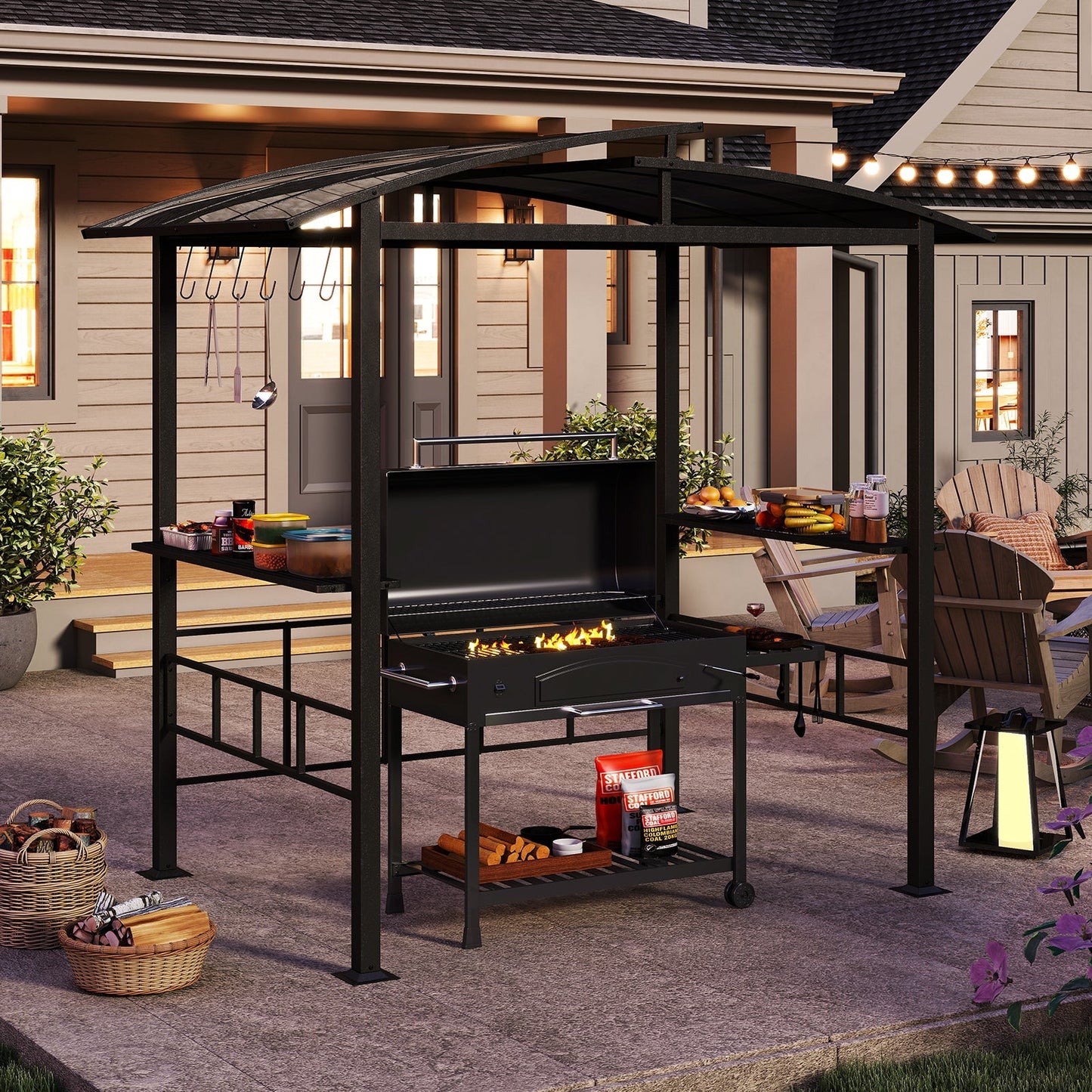 Hardtop Grill Gazebo with Vented Polycarbonate Roof and Side Shelves, Black