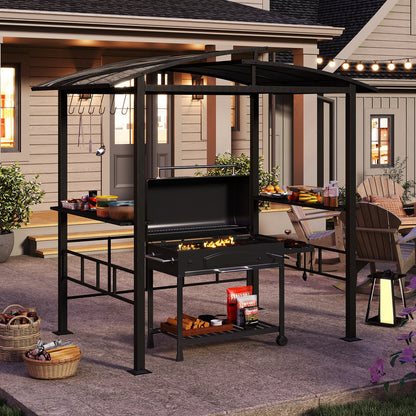 Hardtop Grill Gazebo with Vented Polycarbonate Roof and Side Shelves, Black