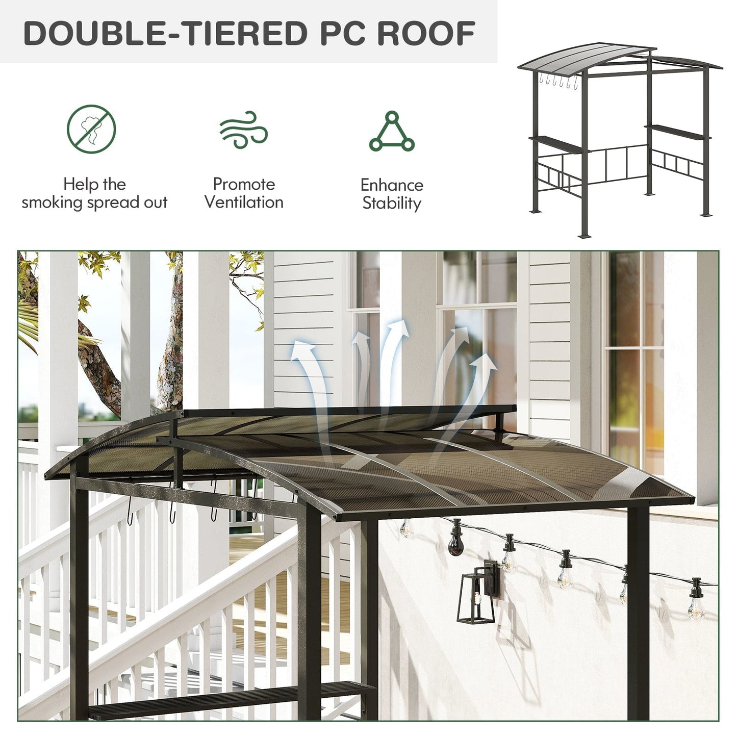 Hardtop Grill Gazebo with Vented Polycarbonate Roof and Side Shelves, Black