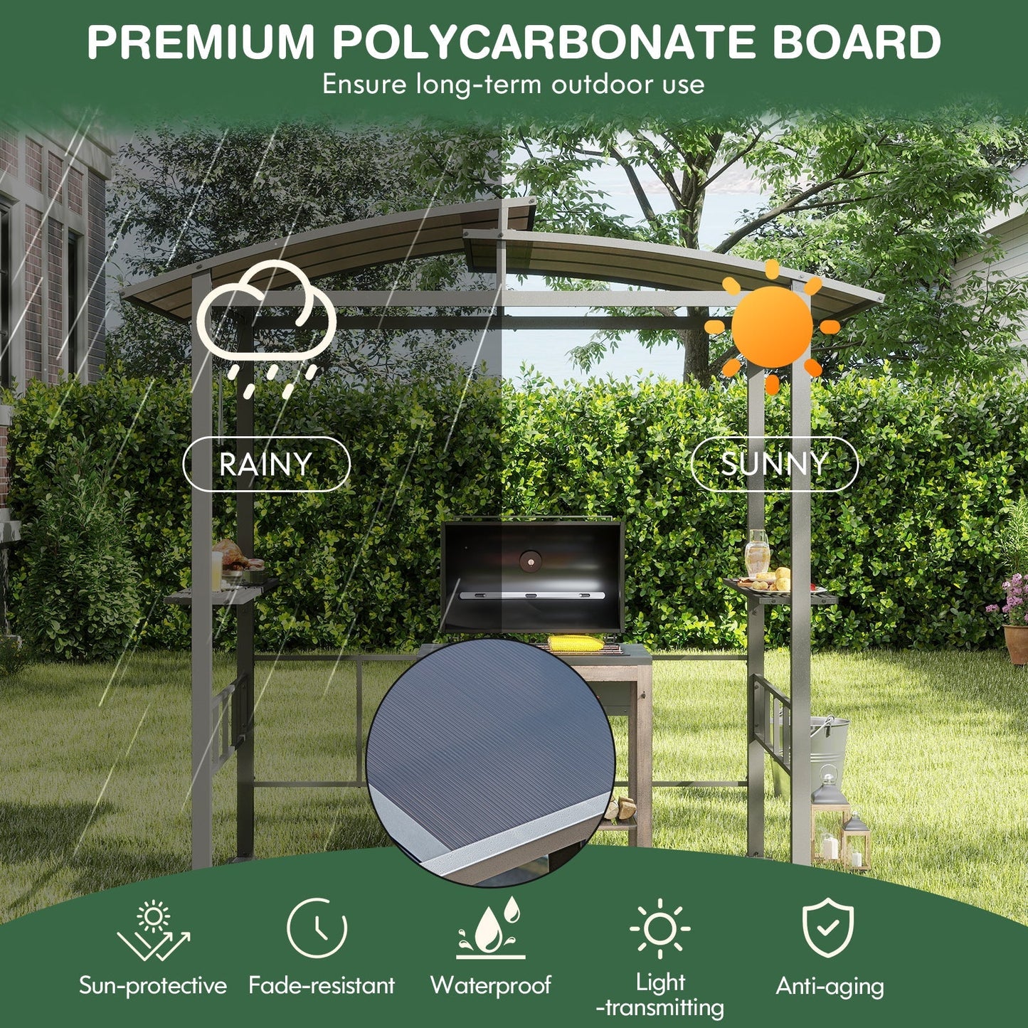 Hardtop Grill Gazebo with Vented Polycarbonate Roof and Side Shelves, Black