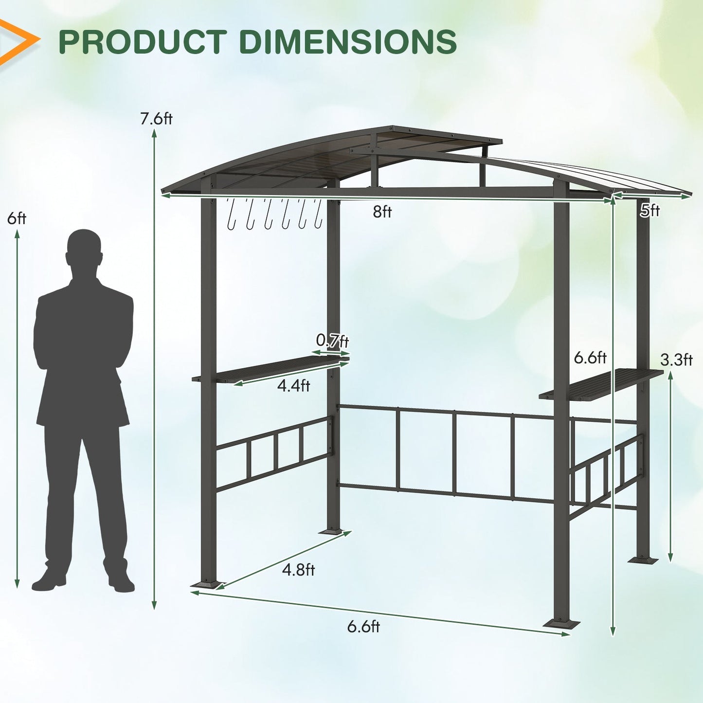 Hardtop Grill Gazebo with Vented Polycarbonate Roof and Side Shelves, Black