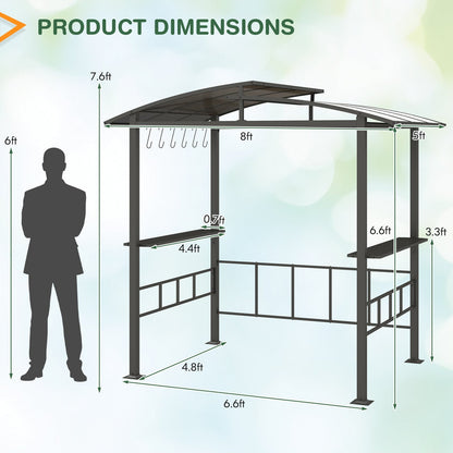 Hardtop Grill Gazebo with Vented Polycarbonate Roof and Side Shelves, Black