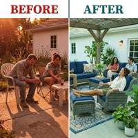 Outdoor Patio Furniture Set Designed for Gatherings, 6-Piece Conversation Set, Blue Cushions, Steel Frame — Before & After