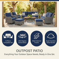 Outdoor Patio Furniture Set Designed for Gatherings, 6-Piece Conversation Set, Blue Cushions, Steel Frame — Results & Stats