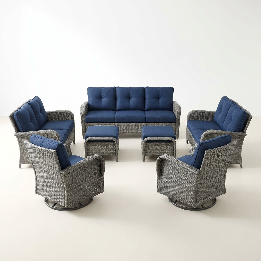 Outdoor Patio Furniture Set Designed for Gatherings, 6-Piece Conversation Set, Blue Cushions, Steel Frame — Studio Shot