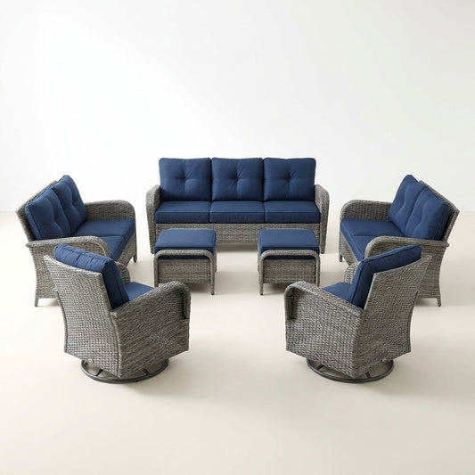 Outdoor Patio Furniture Set Designed for Gatherings, 6-Piece Conversation Set, Blue Cushions, Steel Frame — Studio Shot