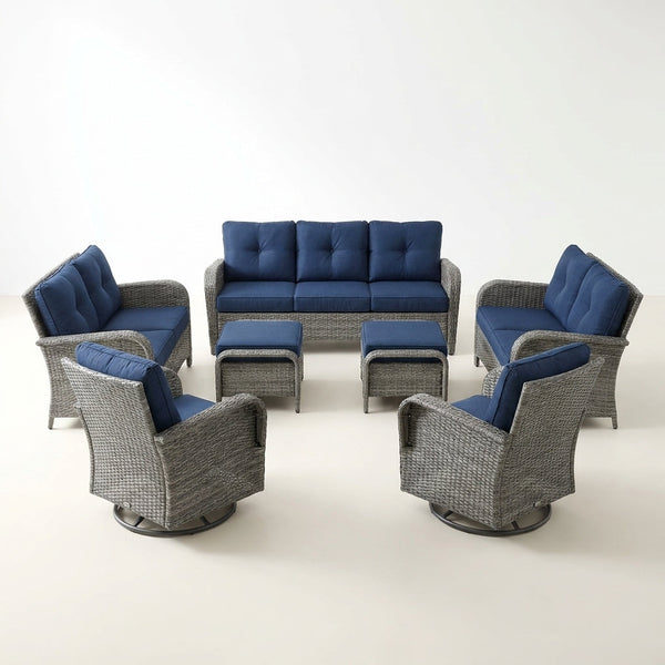 Outdoor Patio Furniture Set Designed for Gatherings, 6-Piece Conversation Set, Blue Cushions, Steel Frame — Studio Shot