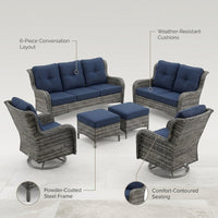 Outdoor Patio Furniture Set Designed for Gatherings, 6-Piece Conversation Set, Blue Cushions, Steel Frame — infographic