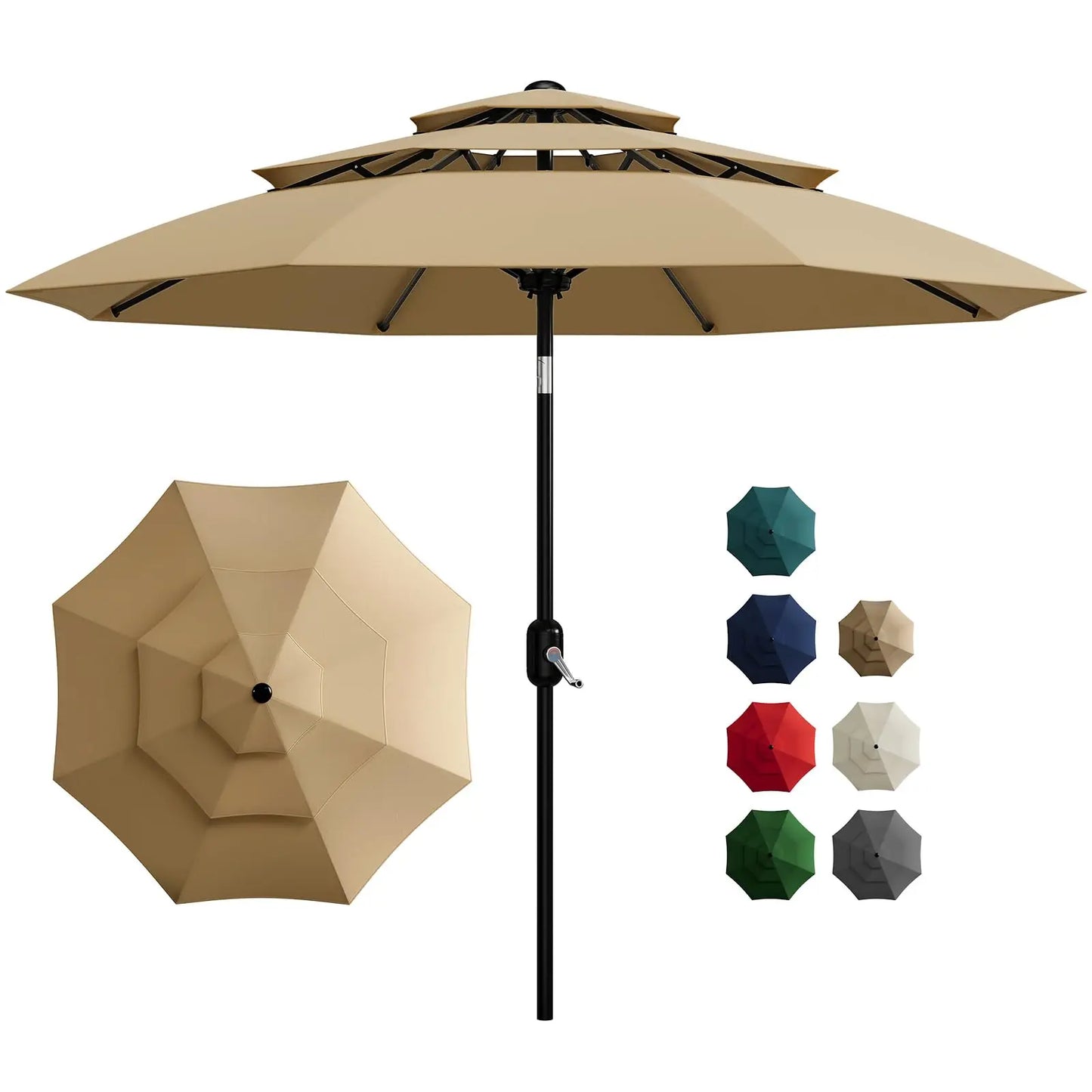 10-Ft. 3-Tier Patio Umbrella with Crank and Tilt, Vented Outdoor Market Umbrella with Fade-Resistant Canopy for Pool, Deck and Yard