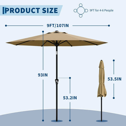 9-Ft. Patio Umbrella with Crank and Tilt, Outdoor Market Umbrella with UV Protection and Waterproof Canopy, 8-Rib Iron Frame for Pool, Deck and Backyard