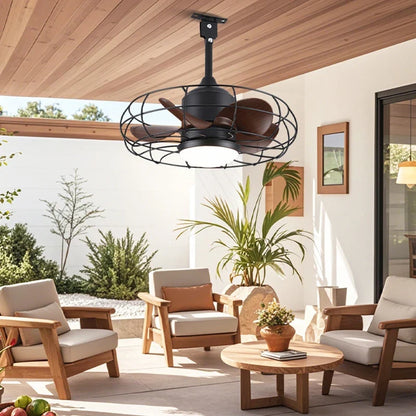 Industrial Style Ceiling Fan with Light and Remote Control Black Round Cage Outdoor Waterproof Fan with Hook for Patios Porch