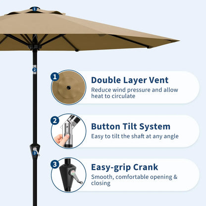 9-Ft. Patio Umbrella with Crank and Tilt, Outdoor Market Umbrella with UV Protection and Waterproof Canopy, 8-Rib Iron Frame for Pool, Deck and Backyard