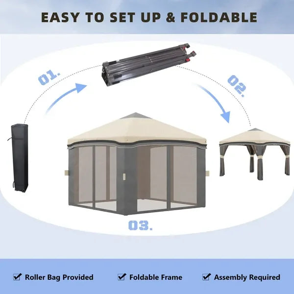 10' x 10' Outsunny Pop-Up Gazebo – Adjustable Instant Shelter with Privacy Netting & Wheeled Carry Bag