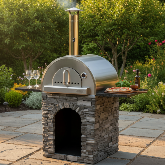 Pizza Oven Stand with Granite Countertop & Arched Wood Storage | Concrete Base