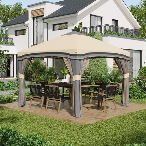10' x 10' Outsunny Pop-Up Gazebo – Adjustable Instant Shelter with Privacy Netting & Wheeled Carry Bag
