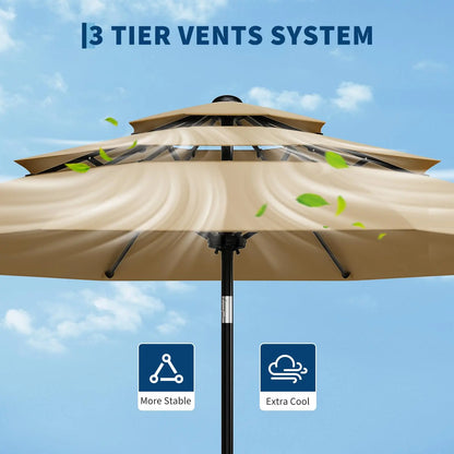10-Ft. 3-Tier Patio Umbrella with Crank and Tilt, Vented Outdoor Market Umbrella with Fade-Resistant Canopy for Pool, Deck and Yard