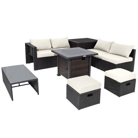 9-Piece Outdoor Patio Furniture Set with 32-In. Square Propane Fire Pit Table, 50,000 BTU, White
