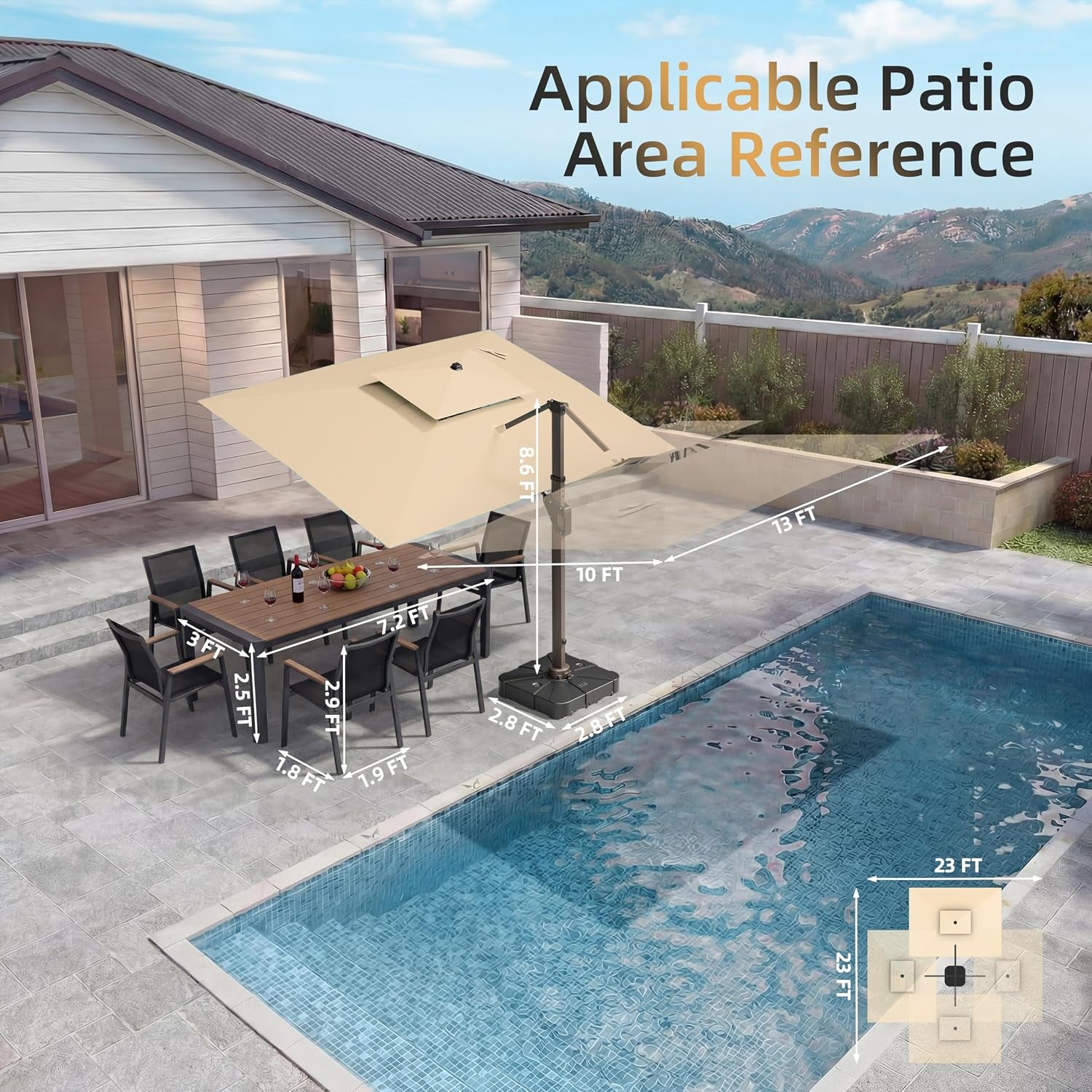 10 X 13 FT Cantilever Patio Umbrella with Base Included & Led Lights Outdoor Rectangle Offset Large Double Top Heavy Duty Umbrellas 360°Rotation for Pool Deck Backyard,Beige