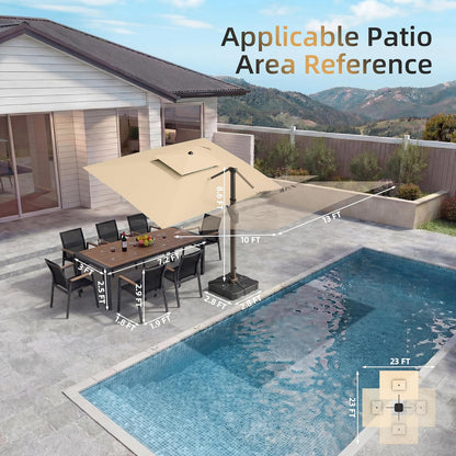 10 X 13 FT Cantilever Patio Umbrella with Base Included & Led Lights Outdoor Rectangle Offset Large Double Top Heavy Duty Umbrellas 360°Rotation for Pool Deck Backyard,Beige
