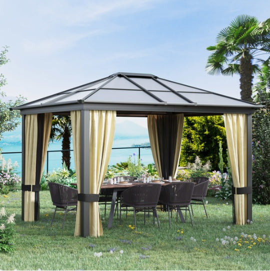 Hardtop Outdoor Pergola Gazebo – Aluminum Frame, Polycarbonate Roof & Removable Netting