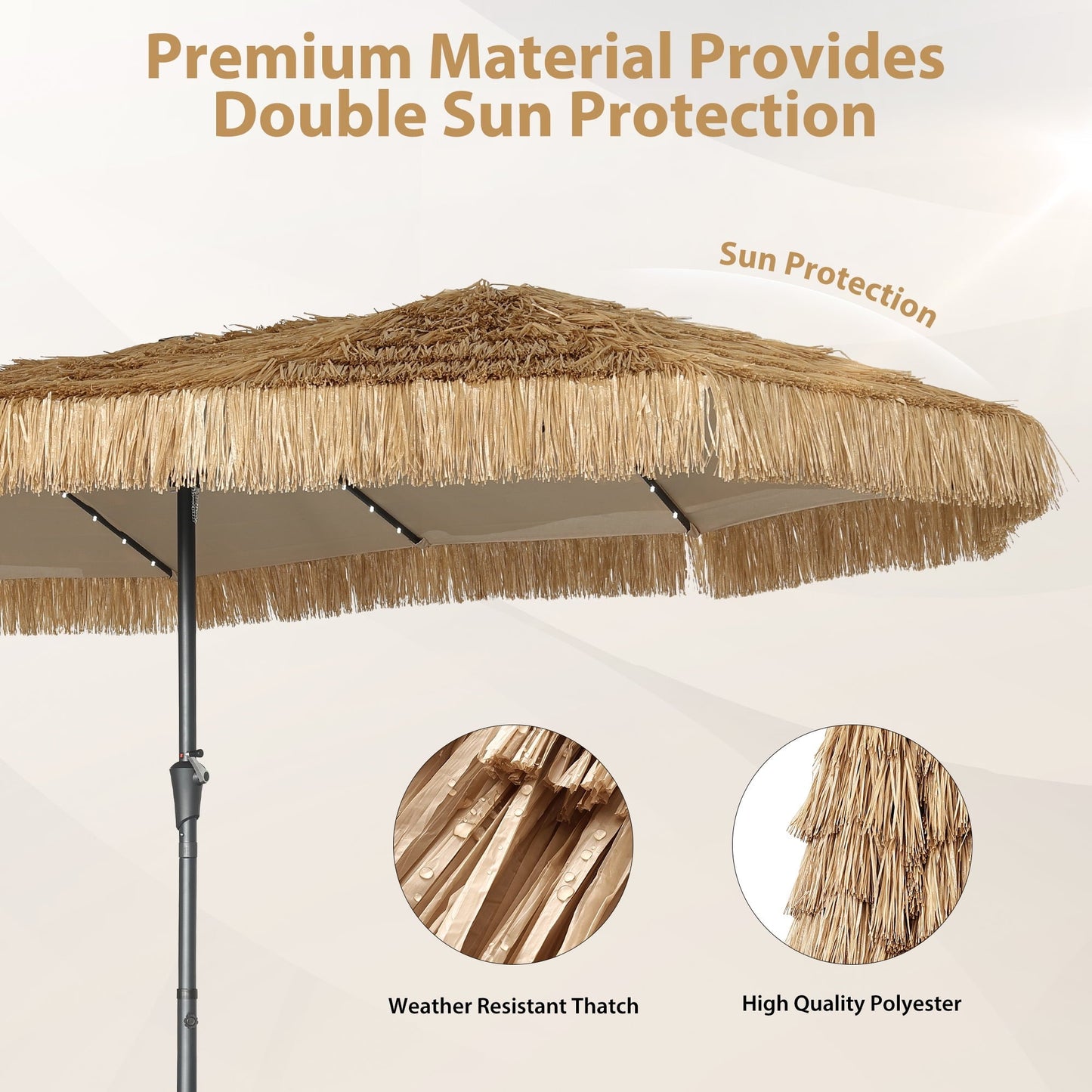 15’ Ainfox Large Thatched Tiki Patio Umbrella with Lights and Weighted Sandbags, Outdoor Heavy-Duty Double-Sided Rectangle Market Umbrella for Garden, Deck, Backyard, Pool, Beach