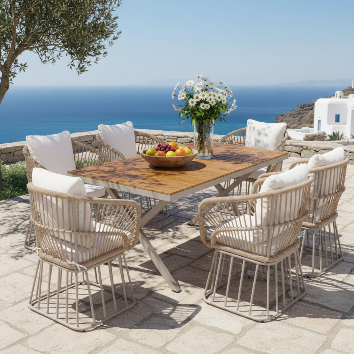 7-Piece Luxury Teak Outdoor Dining Set with Wicker Chairs & Cushions – Modern Patio Furniturens