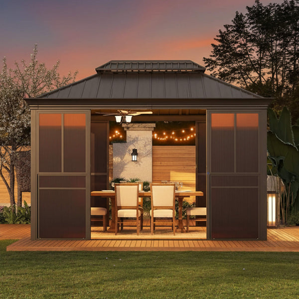 Alora Terrace Fully-Enclosed Outdoor Black Sunroom With Lockable Sliding Doors And Galvanized Double Steel Roof (SAK81634)