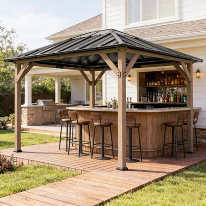 8’ x 10’ Alora Heavy-Duty Fir Wood Hardtop Gazebo With Galvanized Steel Roof And Ceiling Hooks (SAK29467)