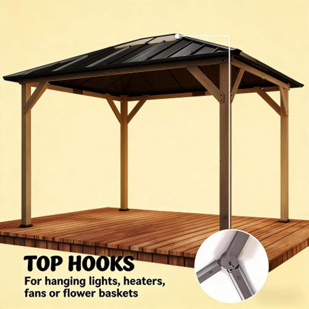 8’ x 10’ Alora Heavy-Duty Fir Wood Hardtop Gazebo With Galvanized Steel Roof And Ceiling Hooks (SAK29467)