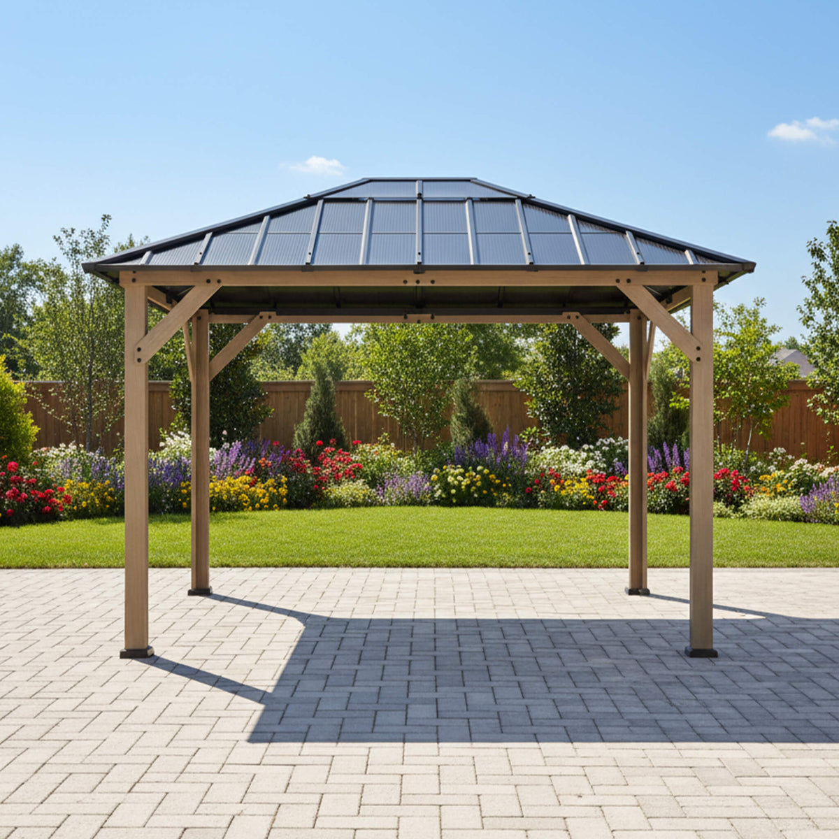 8’ x 10’ Alora Heavy-Duty Fir Wood Hardtop Gazebo With Galvanized Steel Roof And Ceiling Hooks (SAK29467)