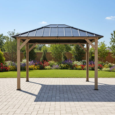 8’ x 10’ Alora Heavy-Duty Fir Wood Hardtop Gazebo With Galvanized Steel Roof And Ceiling Hooks (SAK29467)