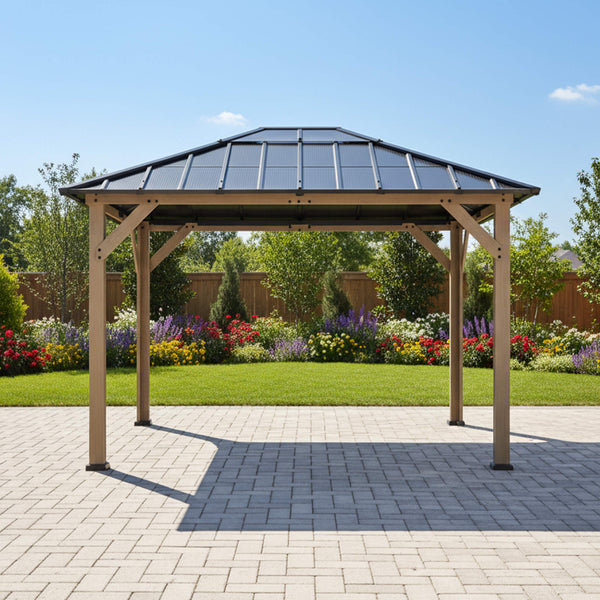 8’ x 10’ Alora Heavy-Duty Fir Wood Hardtop Gazebo With Galvanized Steel Roof And Ceiling Hooks (SAK29467)